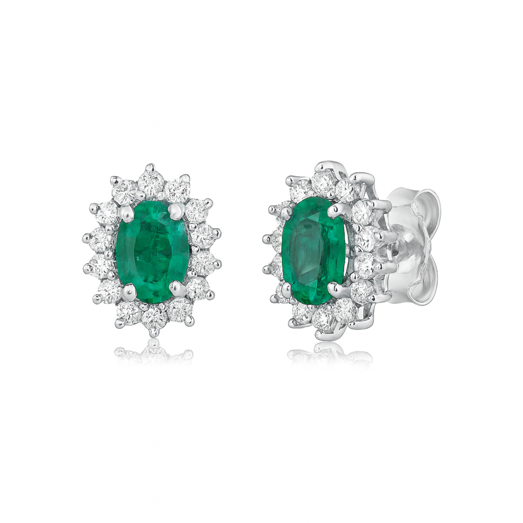 Emerald Oval Shape With Halo Diamonds Studs Earrings (1.10 ct.) in 14K Gold