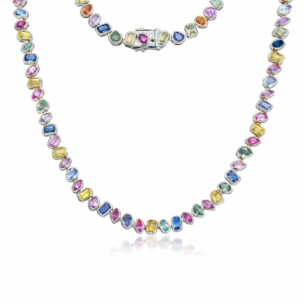 Fancy Multi Shape Sapphire Necklace (23.10 ct.) Bezel Set in 14K Gold