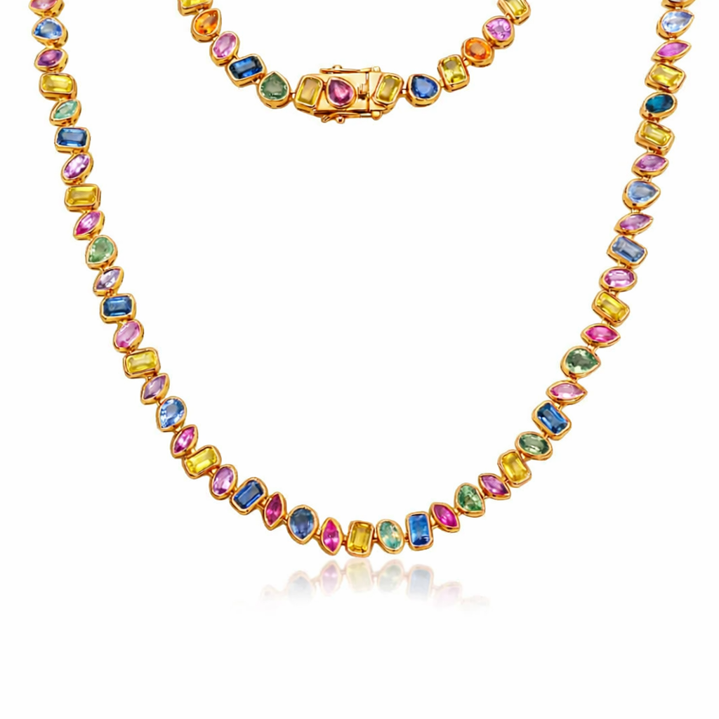 Fancy Multi Shape Sapphire Necklace (23.10 ct.) Bezel Set in 14K Gold