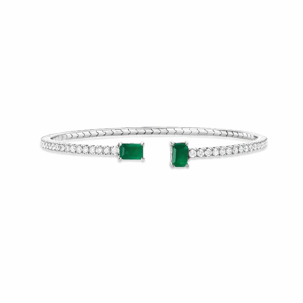 Flexible Open Diamond & Emerald Cut Emerald Bangle Bracelet  (2.30 ct.) in 14K Gold