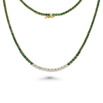Graduated Emerald & Diamond Tennis Necklace (7.65 ct.) 4-Prongs Setting in 14K Gold