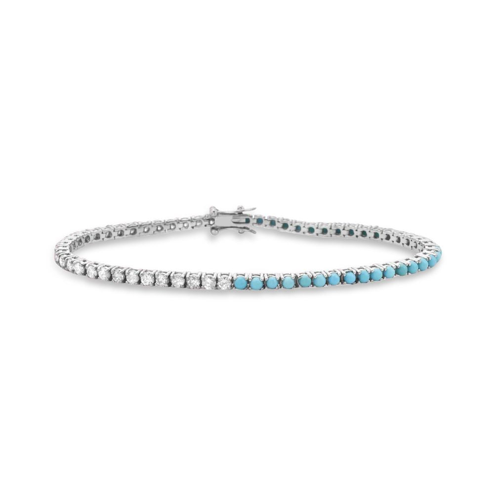 Half Diamond & Half Turquoise Tennis Bracelet (3.80 ct.) 4-Prongs Setting in 14K Gold