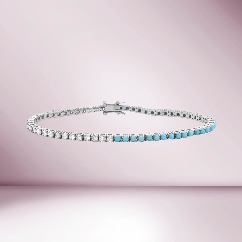 Half Diamond & Half Turquoise Tennis Bracelet (3.80ct.) 4-Prongs Setting in 14K Gold