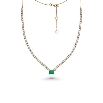 HalfWay Diamond Tennis Necklace With Emerald Cut Emerald (7.50 ct.) 2 mm 4-Prongs Setting in 14K Gold