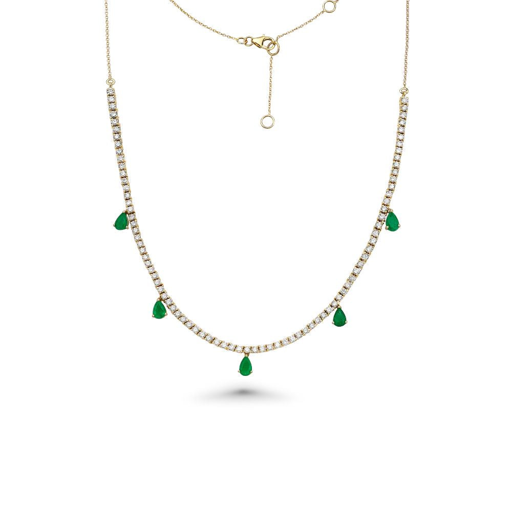 HalfWay Diamond Tennis Necklace With Emerald Pear Shape Drops (4.75 ct.) in 14K Gold