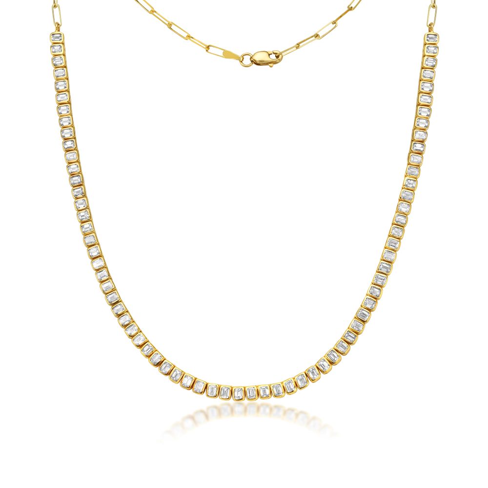 HalfWay Emerald Cut Diamond Tennis Necklace & Half Paperclip Chain (4.00 ct.) Bezel Set in 18K Gold