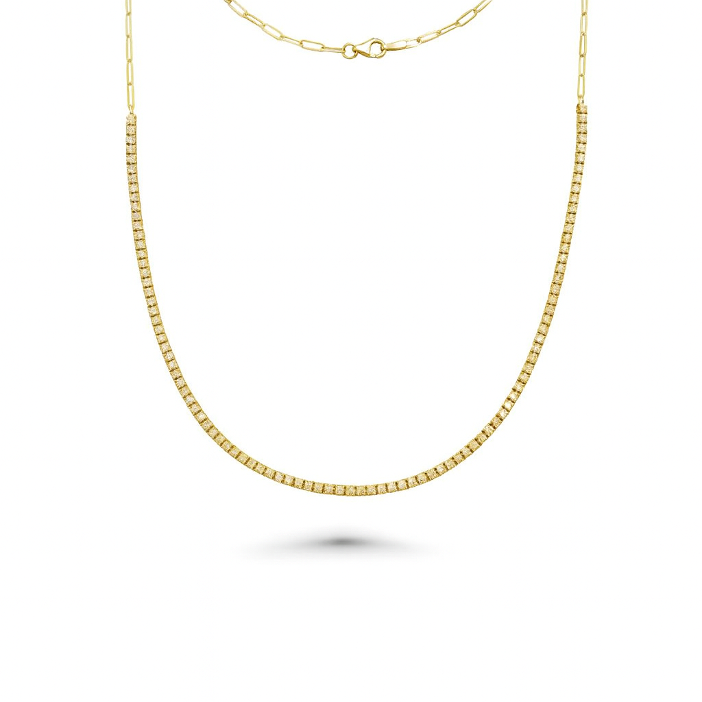 HalfWay Diamond Tennis Necklace & Half Paperclip Chain ( 2.50 ct.) 4-Prongs Setting in 14K Gold