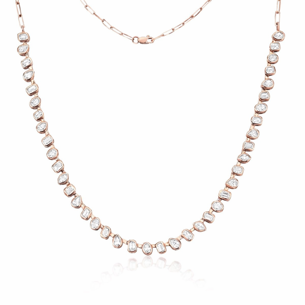 Ready to Ship HalfWay Fancy Multi Shape Diamond Necklace With Adjustable Paper Clip Chain (4.20 ct.) Bezel Set in 18K Gold