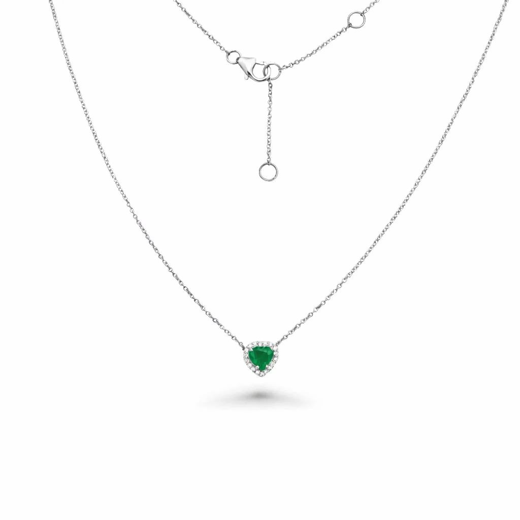 Heart Shape Emerald With Diamond Halo Necklace (0.96 ct.) in 14K Gold