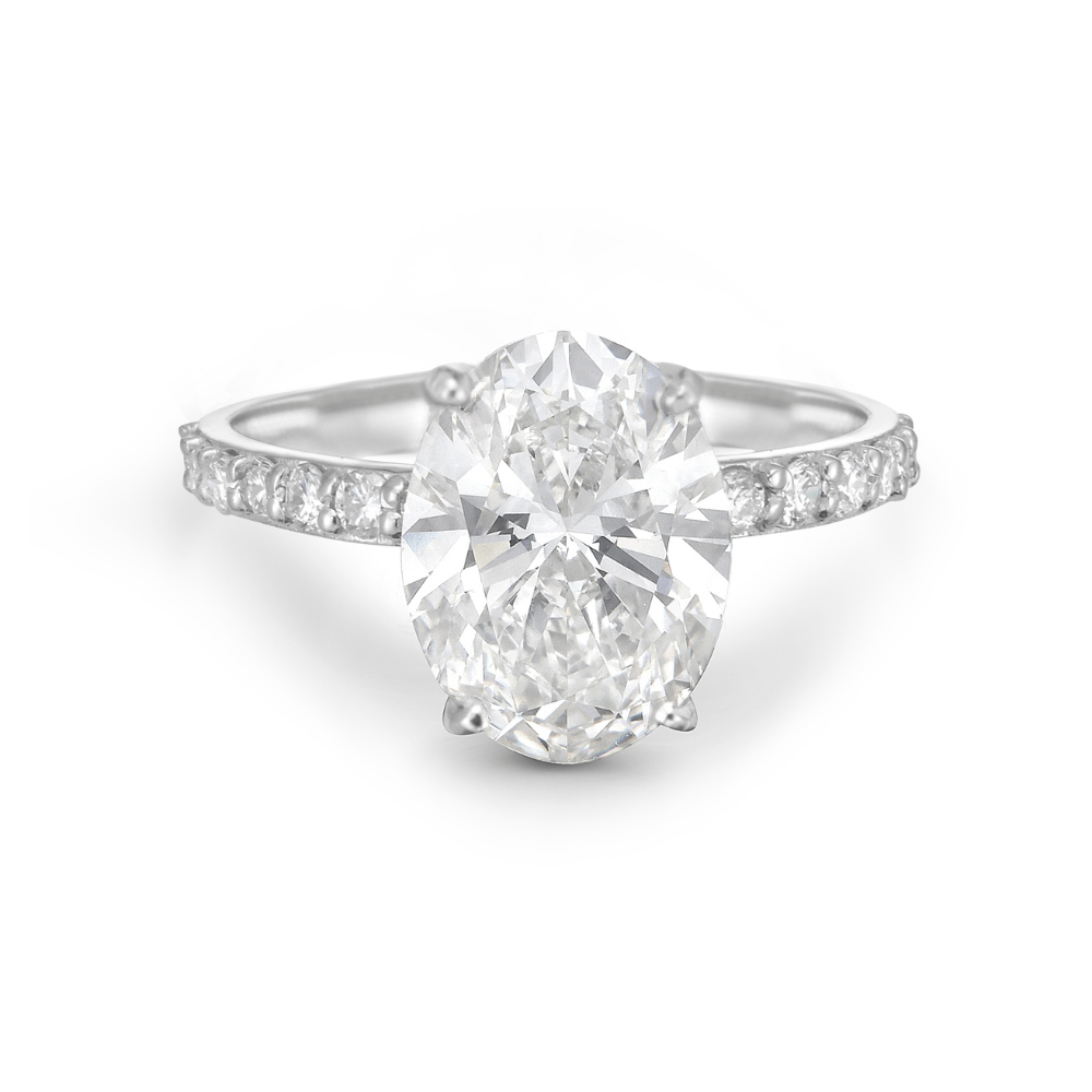 Lab Grown Diamond (3.50 ct.) Oval Cut Hidden Halo Pave' Band Engagement Ring in 14K Gold