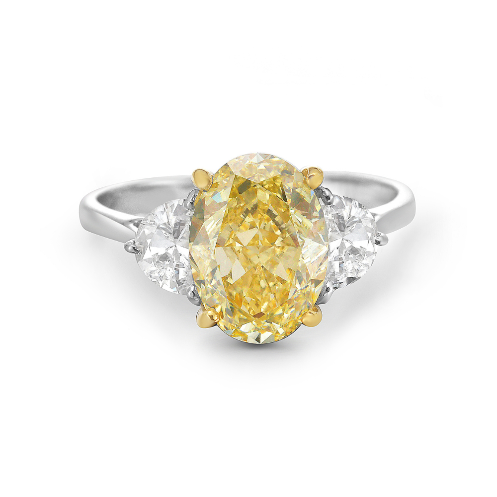 Lab Grown Diamond (3.80 ct.) Fancy Yellow Oval Cut 3-Stones Setting Engagement Ring in 14K Gold