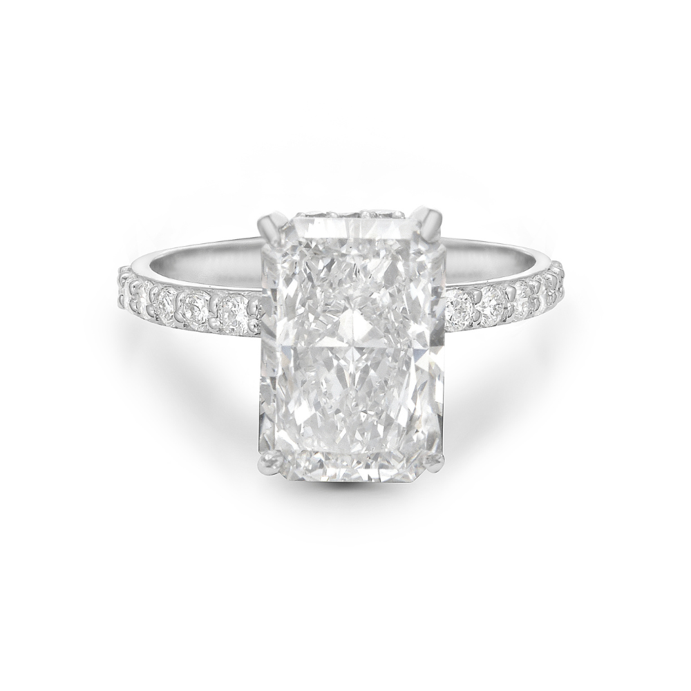 Lab Grown Diamond (4.50 ct.) Radiant Hidden Halo Pave' Band Engagement Ring in 14K Gold