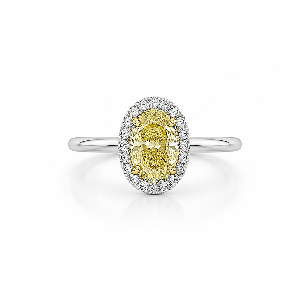 Lab Grown Diamond (2.30 ct.) Fancy Yellow Oval Cut Halo Diamonds Setting Engagement Ring in 14K Gold