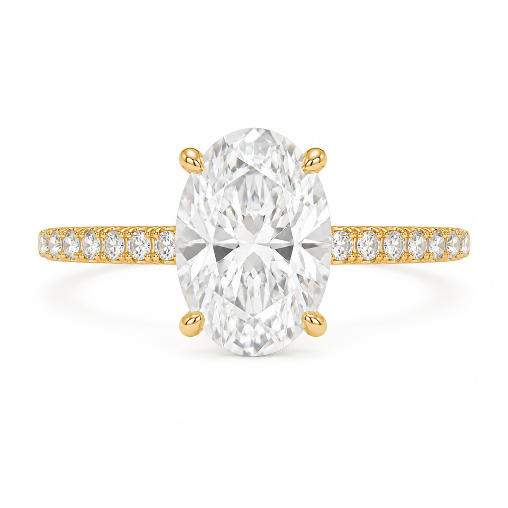 Lab Grown Diamond (2.50 ct.) Oval Cut Hidden Halo Pave' Band Engagement Ring in 14K Gold