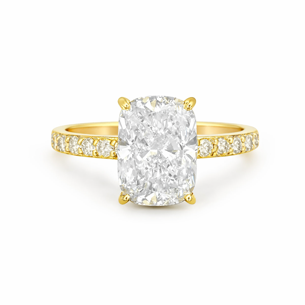 Lab Grown Diamond (3.50 ct.) Cushion Cut Hidden Halo Pave' Band Engagement Ring in 14K Gold