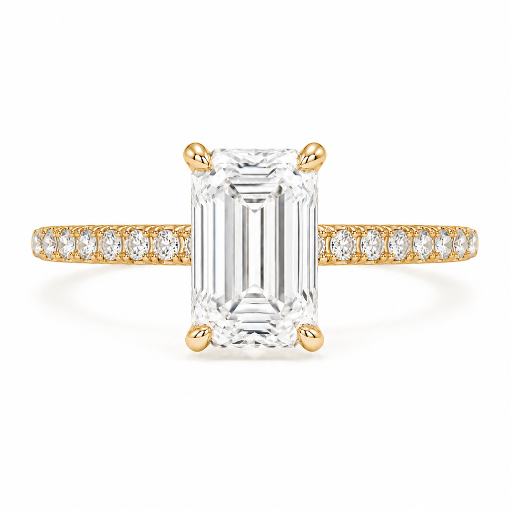 Lab Grown Diamond (3.50 ct.) Emerald Cut Hidden Halo Pave' Band Engagement Ring in 14K Gold