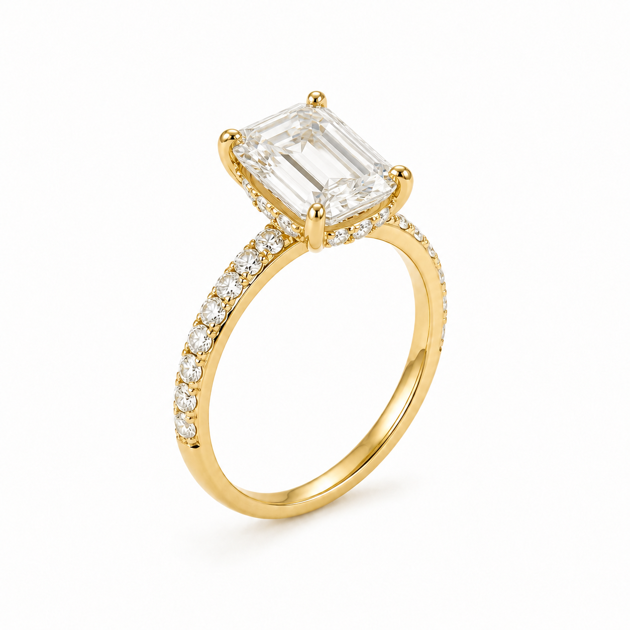 Lab Grown Diamond (3.50 ct.) Emerald Cut Hidden Halo Pave' Band Engagement Ring in 14K Gold