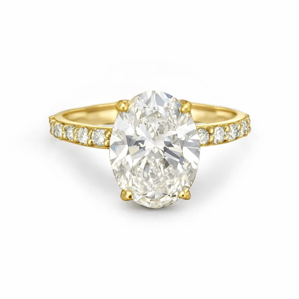 Lab Grown Diamond (3.50 ct.) Oval Cut Hidden Halo Pave' Band Engagement Ring in 14K Gold