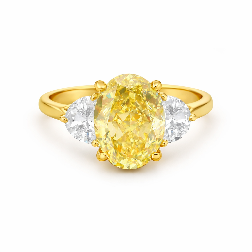 Lab Grown Diamond (3.80 ct.) Fancy Yellow Oval Cut 3-Stones Setting Engagement Ring in 14K Gold