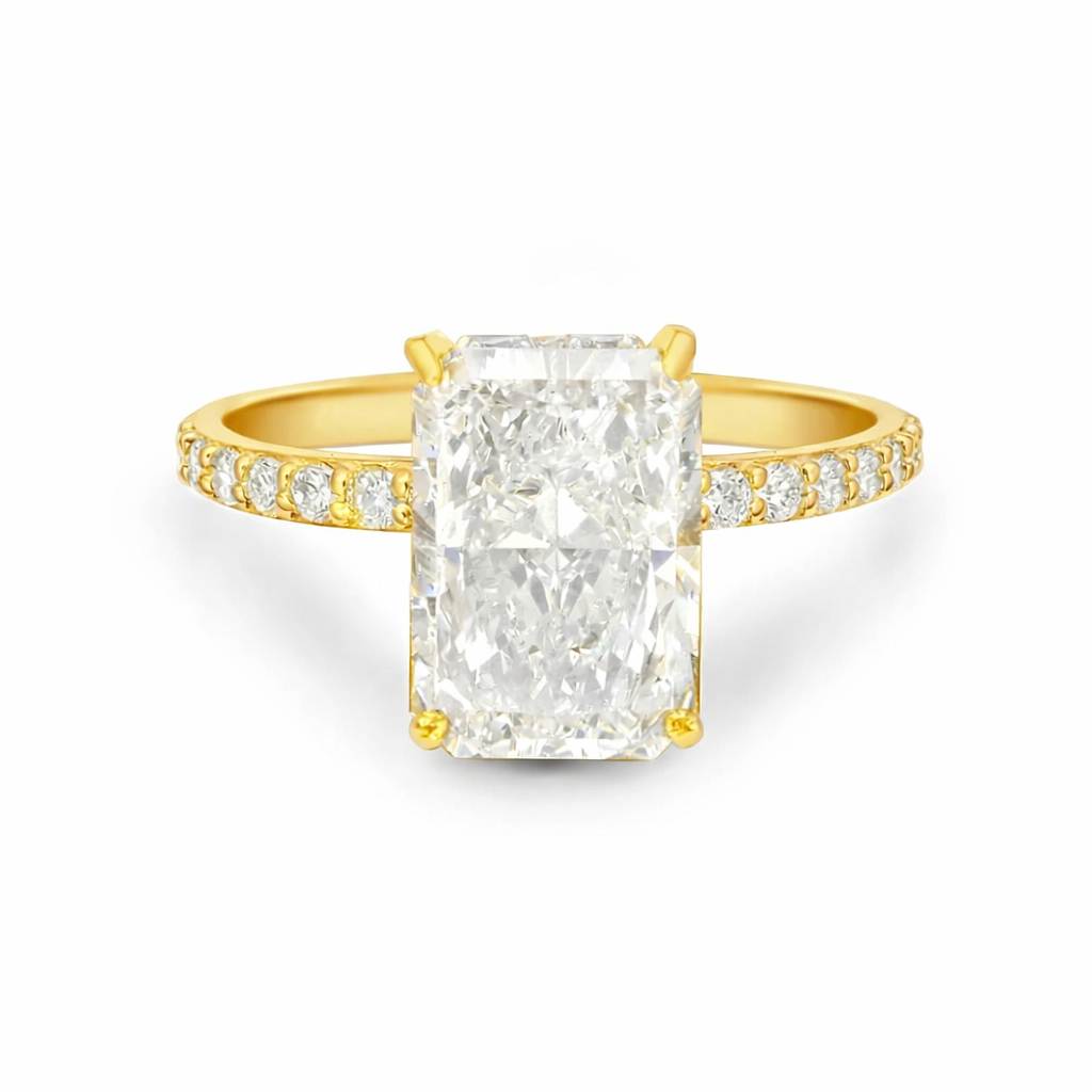Lab Grown Diamond (4.50 ct.) Radiant Hidden Halo Pave' Band Engagement Ring in 14K Gold
