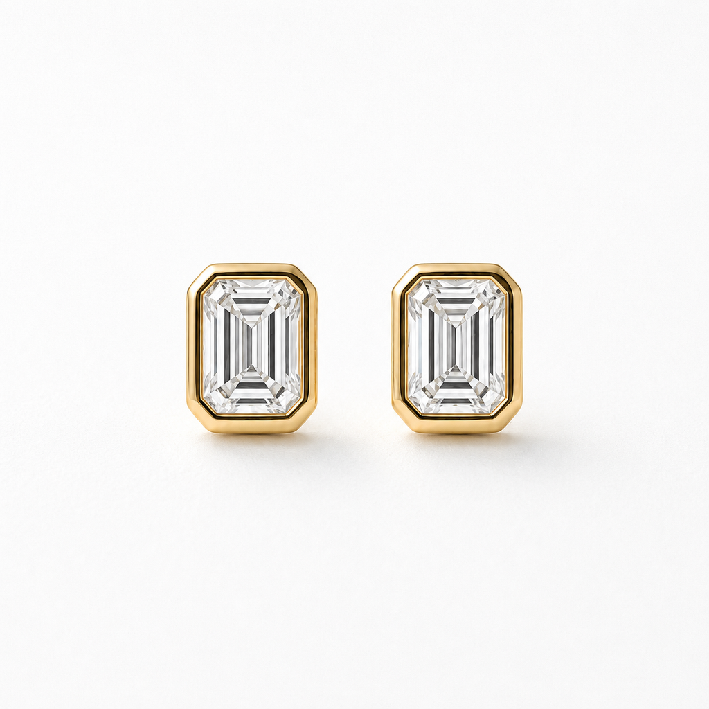 Lab Grown Diamond Emerald Cut Stud Bezel Setting Earrings (1.00 ct.) in 14K Gold