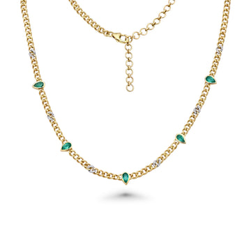 Mini Cuban Link Necklace With Diamonds & Pear Shape Emeralds (1.07 ct.) in 14K Gold