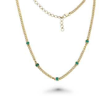 Mini Cuban Link Necklace With Emerald Cut Emeralds (1.03 ct.) Bezel Set in 14K Gold