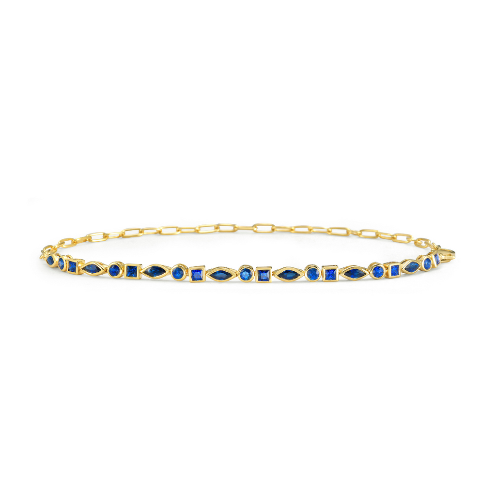 Multi Shape Sapphire Bezel Setting Half Tennis Bracelet and Half paper clip Chain (1.80 ct.) in 14K Gold
