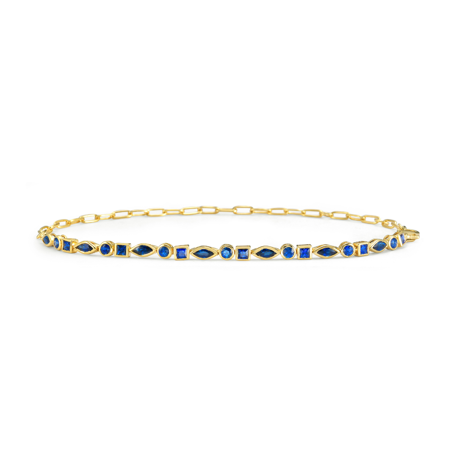 Multi Shape Sapphire Bezel Setting Half Tennis Bracelet and Half paper clip Chain (1.80 ct.) in 14K Gold