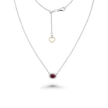 Oval Red Ruby With Diamond Halo Necklace (0.59 ct.) in 18K Gold