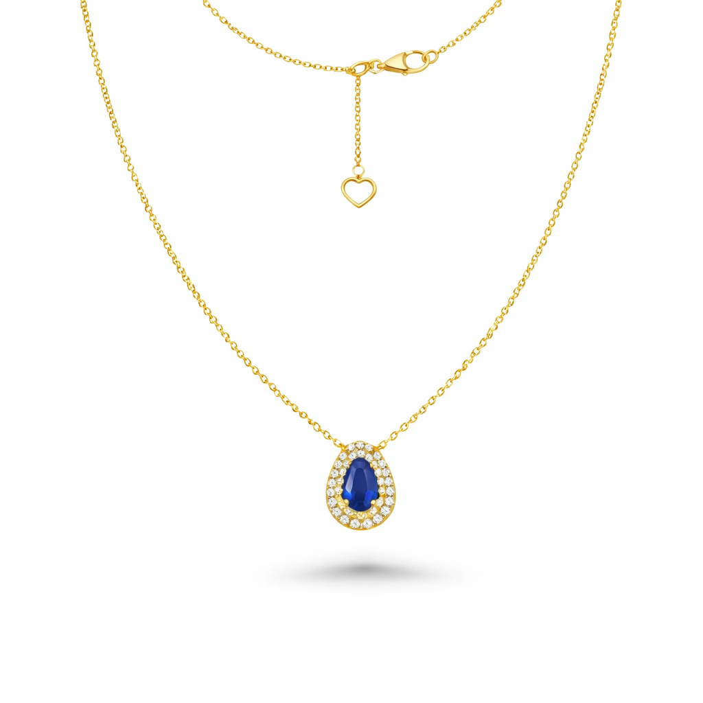 Oval Blue Sapphire With Diamond Double Halo Necklace (0.73 ct.) in 18K Gold