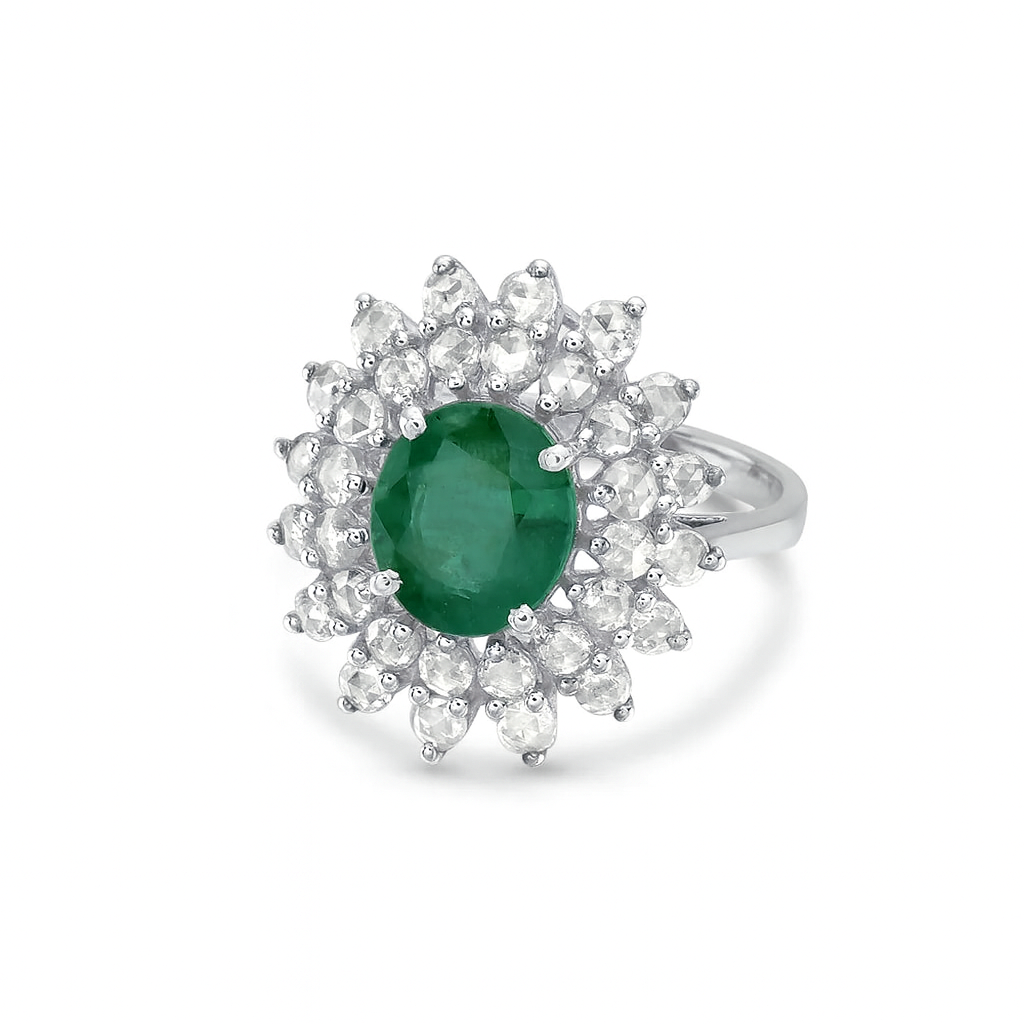 Oval Cut Emerald & Diamond Double Halo Engagement Ring (4.05 ct.) in 14K Gold
