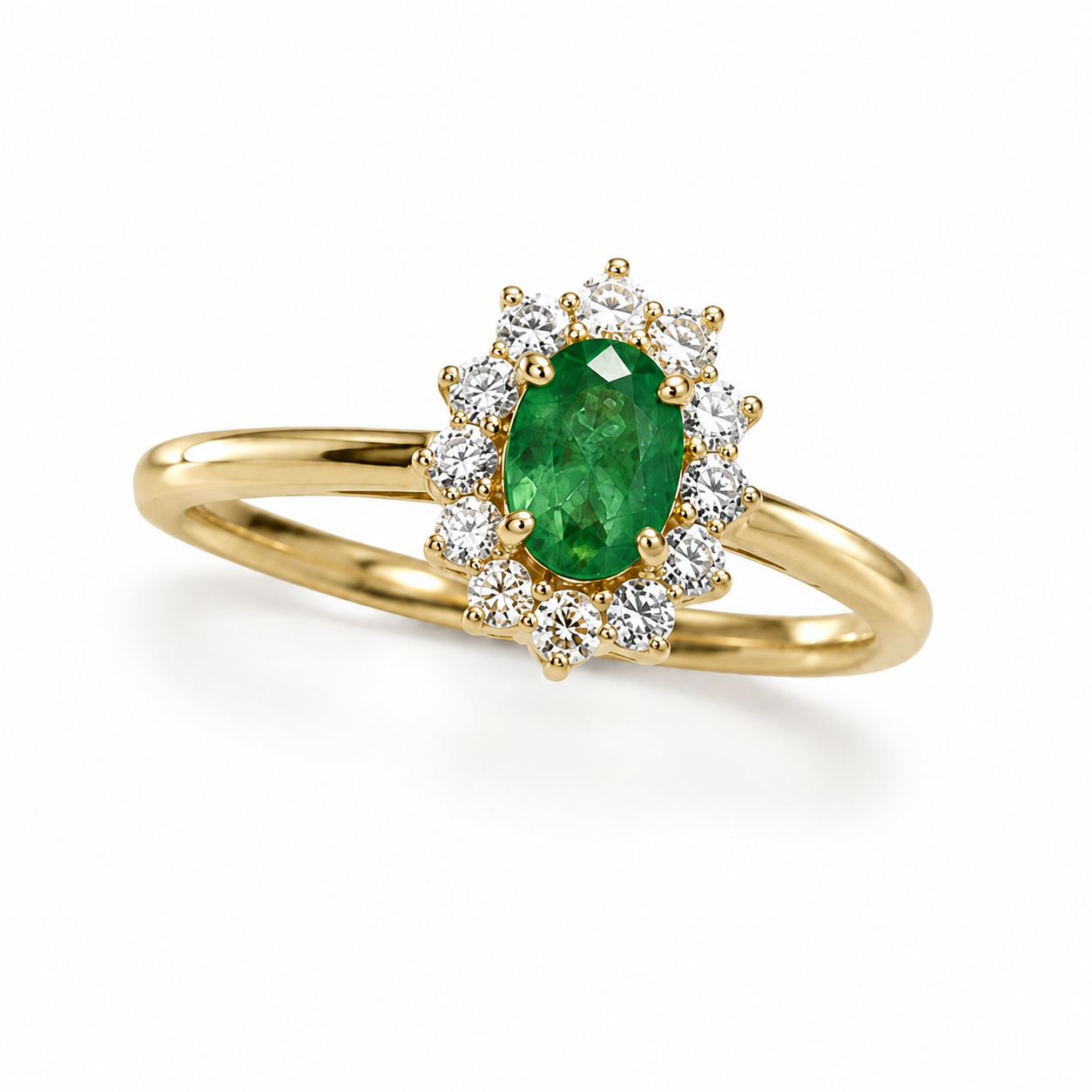 Oval Cut Emerald & Diamond Double Halo Ring (0.60 ct.) in 14K Gold