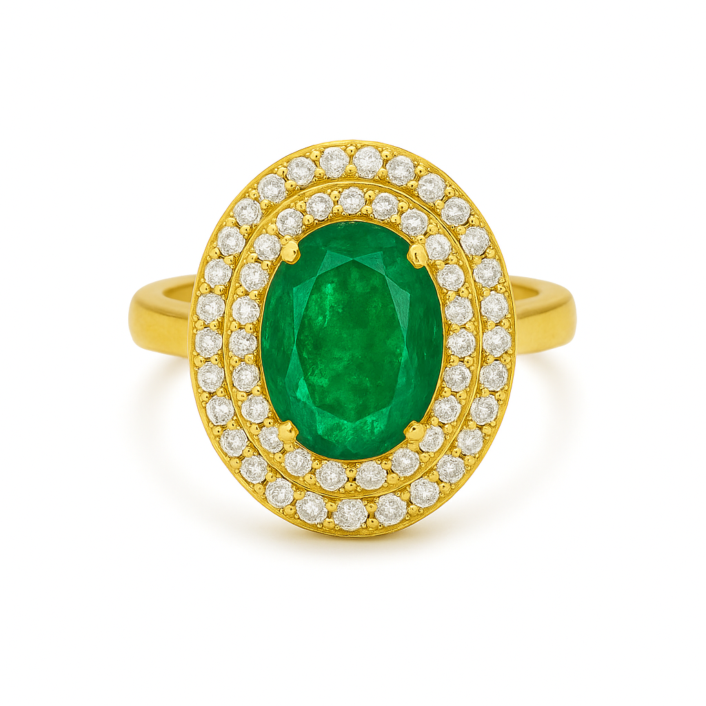 Oval Cut Emerald & Double Diamond Halo Engagement Ring (3.60 ct.) in 18K Gold