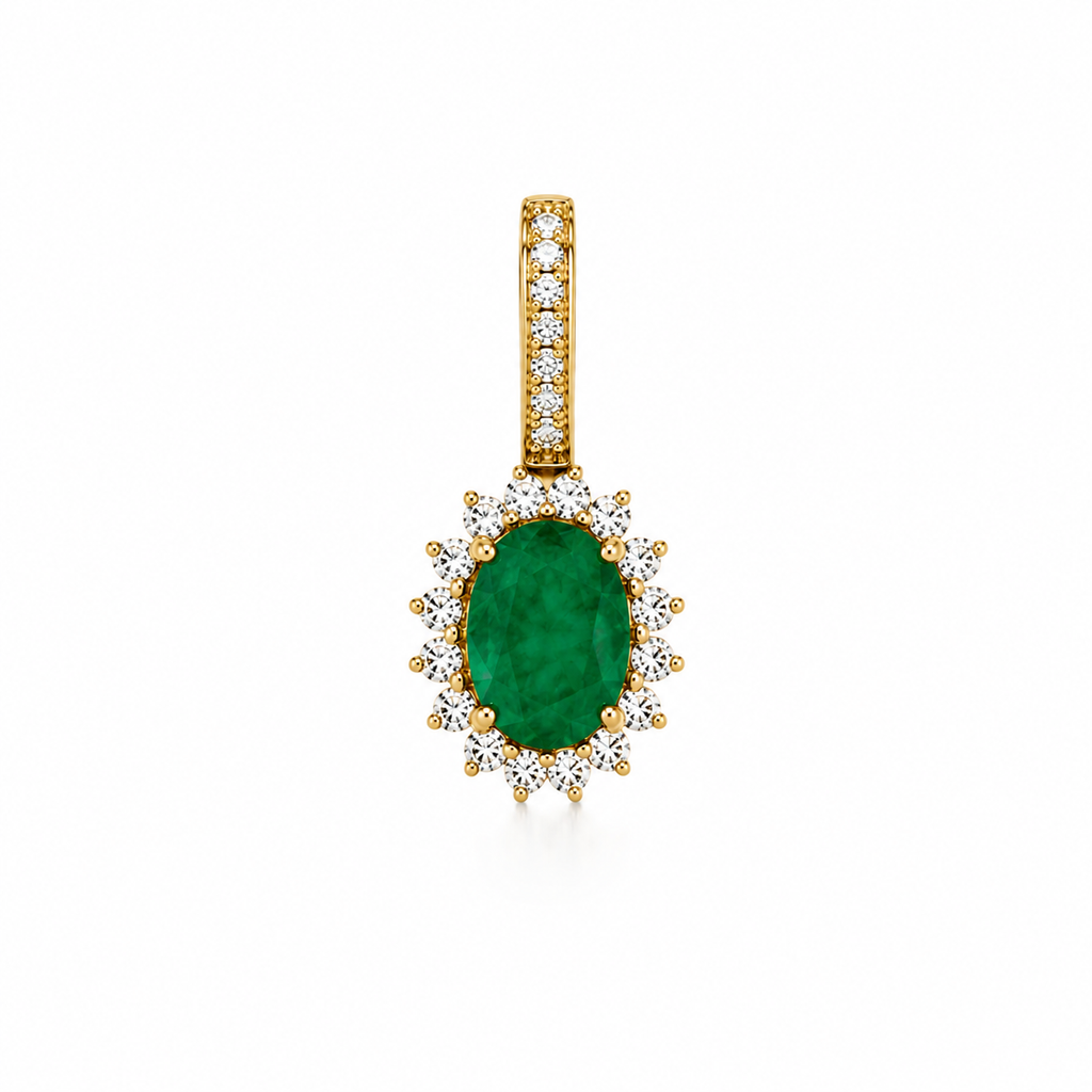 Oval Cut Emerald and Diamond Pendant Charm (1.46 ct.) in 14K Gold