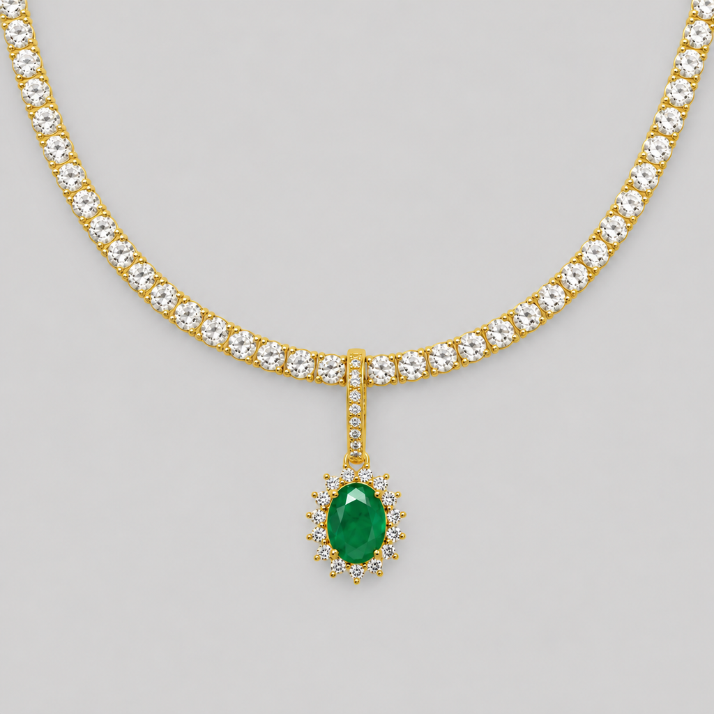 Oval Cut Emerald and Diamond Pendant Charm (1.46 ct.) in 14K Gold