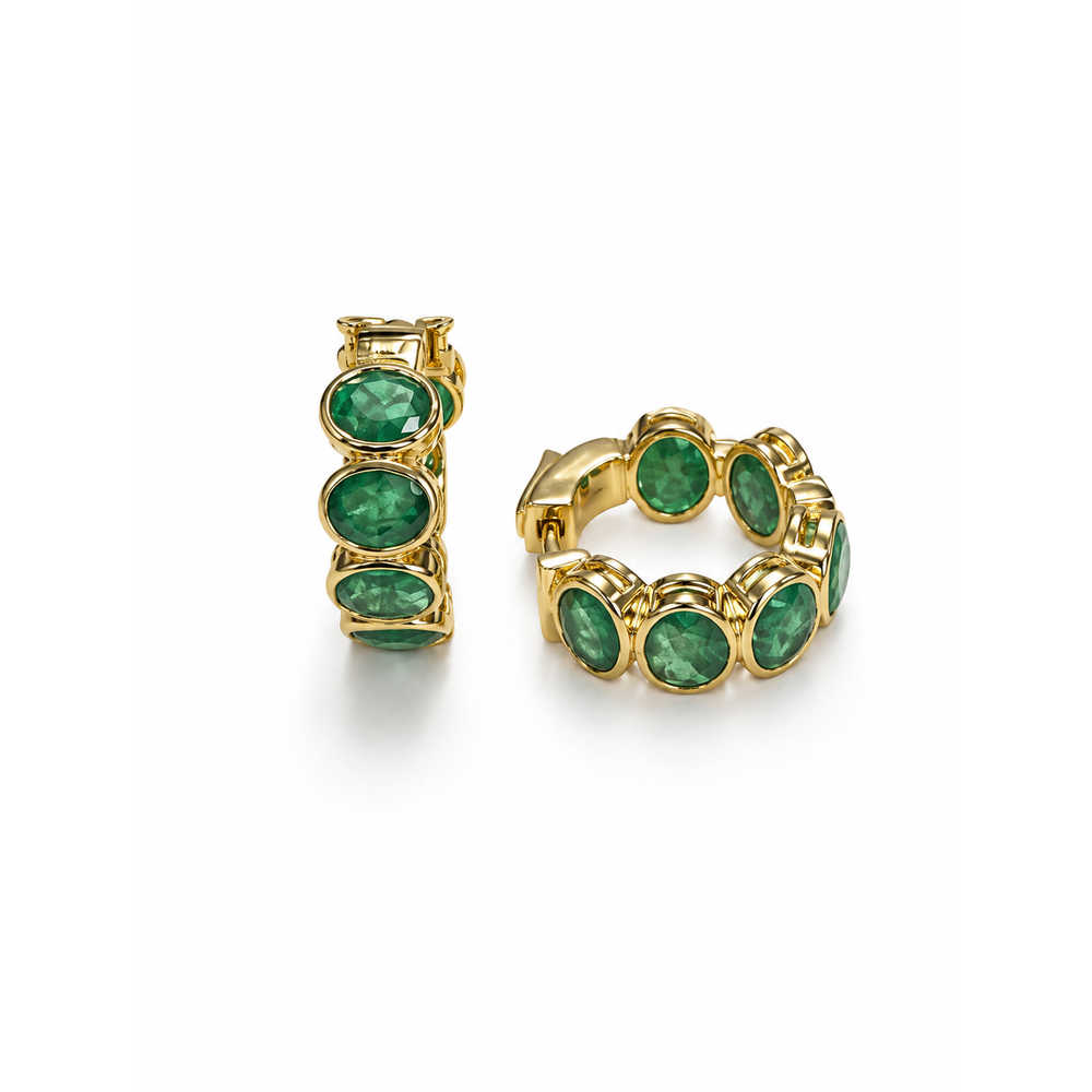Capucelli Oval Cut Genuine Emerald Inside-Out Bezel Hoop Earrings (3.85 CTW) in 14K Gold