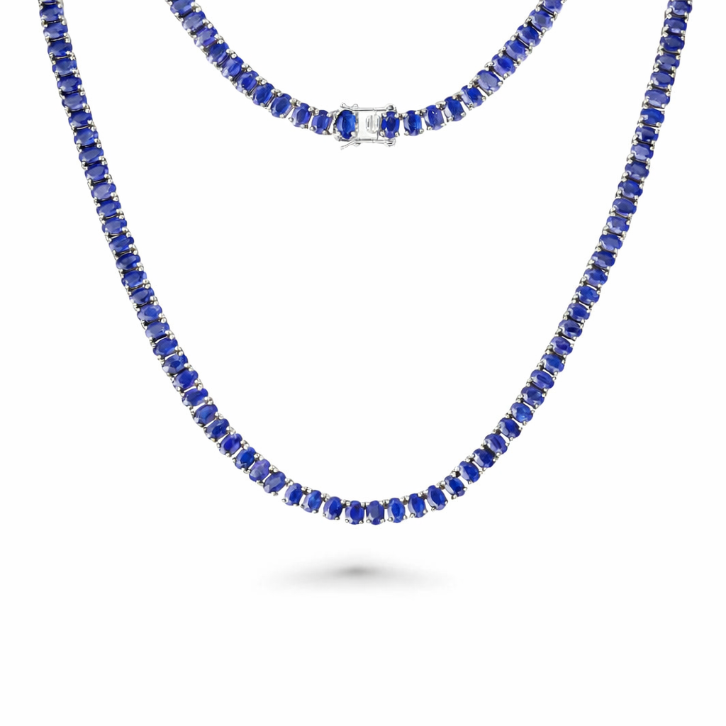 Oval Shape Blue Sapphire Tennis Necklace (29.20 ct.) 4-Prongs in 14K Gold