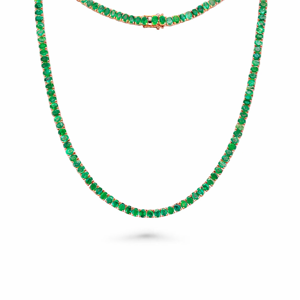 Oval Shape Emerald Tennis Necklace ( 19.00 ct.) 4-Prongs Setting in 14K Gold