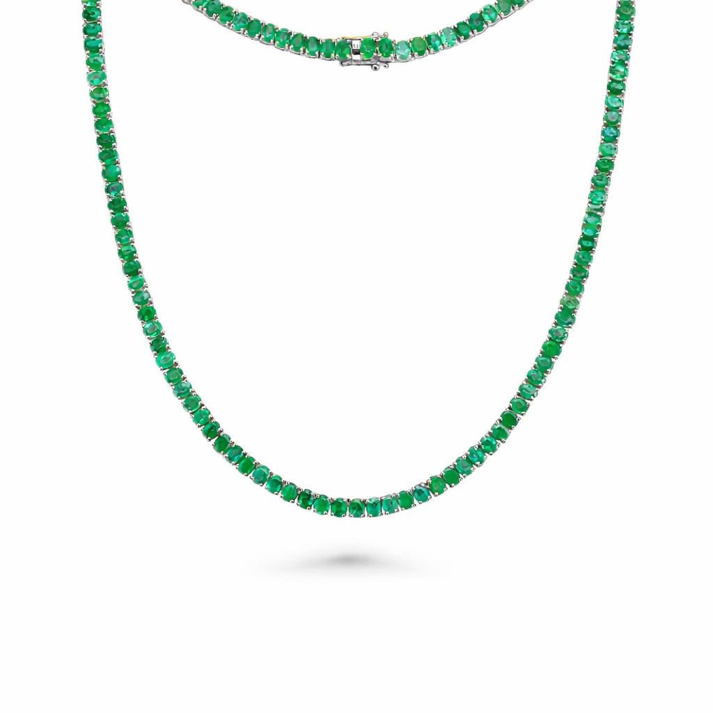 Oval Shape Emerald Tennis Necklace ( 19.00 ct.) 4-Prongs Setting in 14K Gold