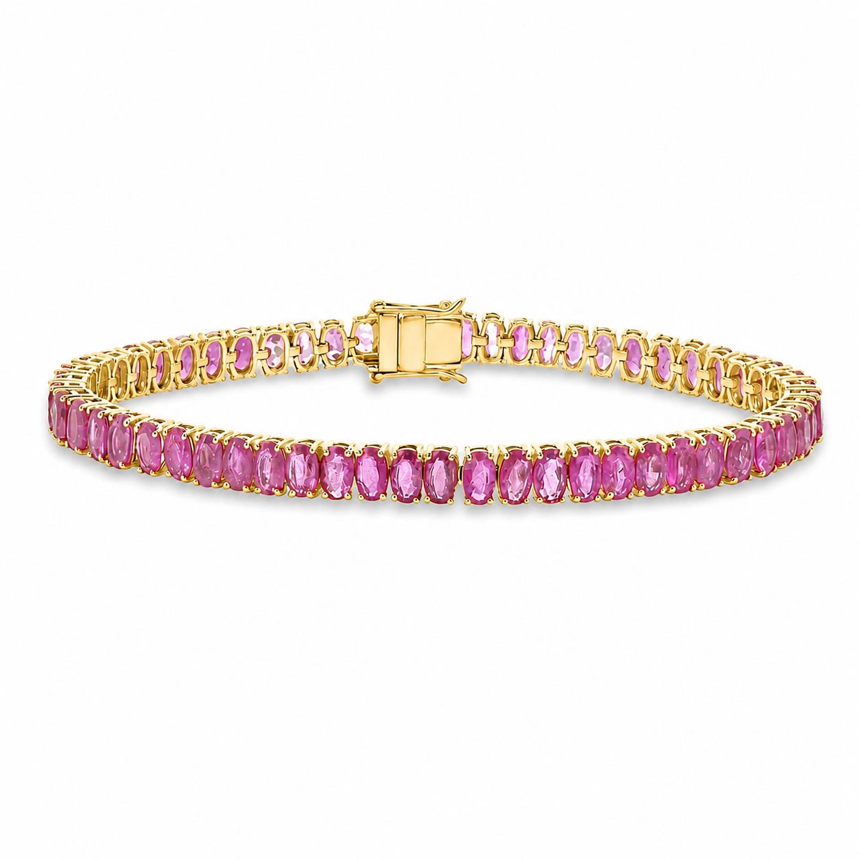 Oval Shape Pink Sapphire Tennis Bracelet (23.00 ct.) 4-Prongs Setting in 14K Gold