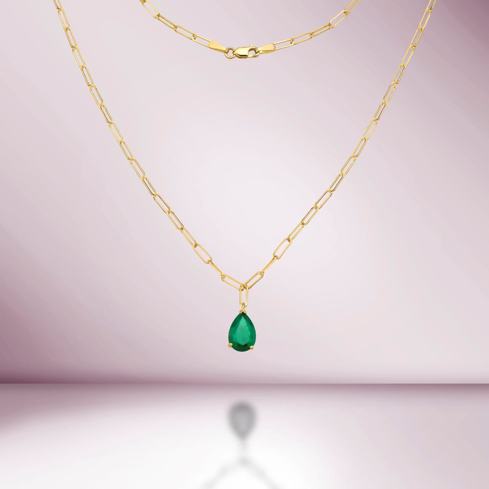 Pear Shape Emerald Necklace With Paper Clip Chain in 14K Gold