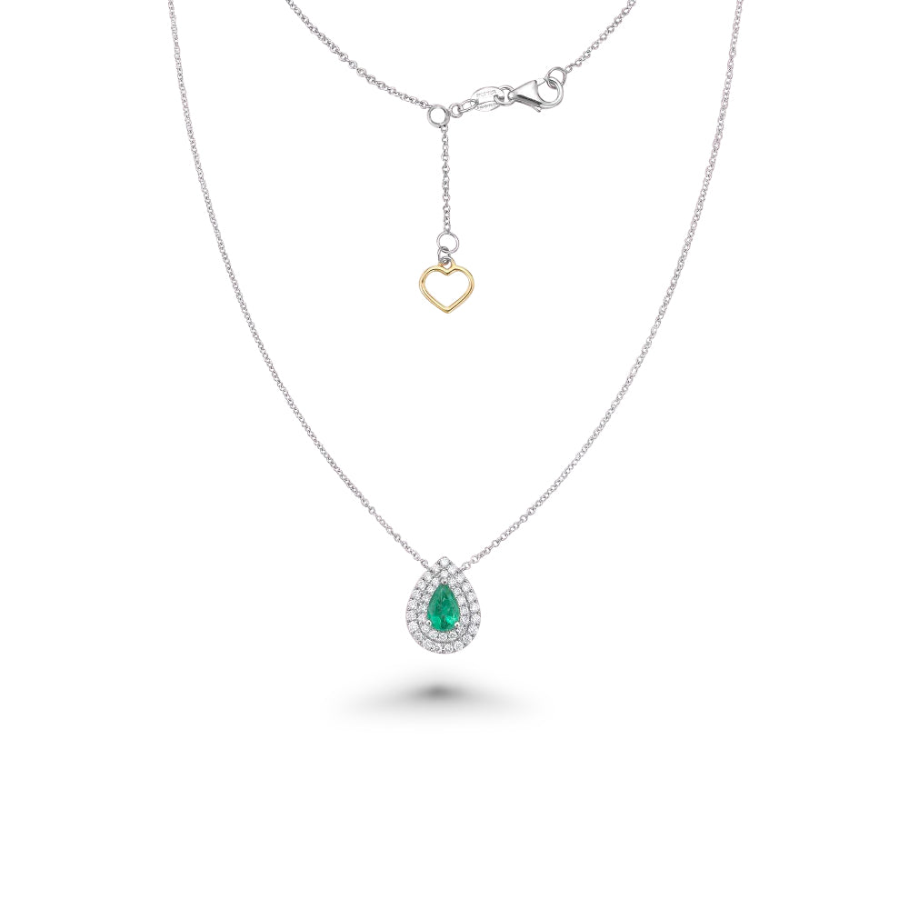 Pear Shape Emerald With Double Diamond Halo Necklace (0.63 ct.) in 18K Gold