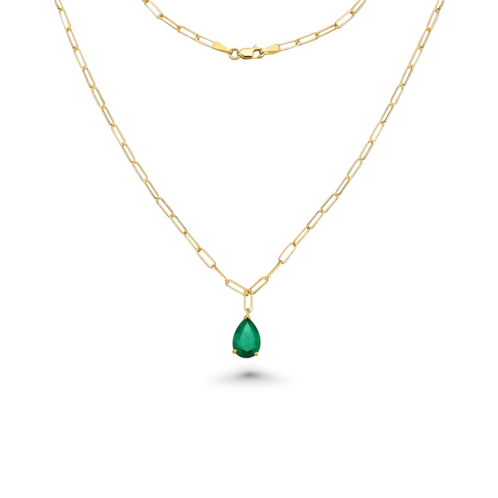 Pear Shape Genuine Emerald Pendant Necklace With Paper Clip Chain in 14K Gold