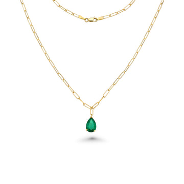 Pear Shape Genuine Emerald Pendant Necklace With Paper Clip Chain in 14K Gold