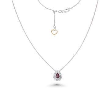 Pear Shape Red Ruby With Diamond Halo Necklace (0.73 ct.) in 18K Gold