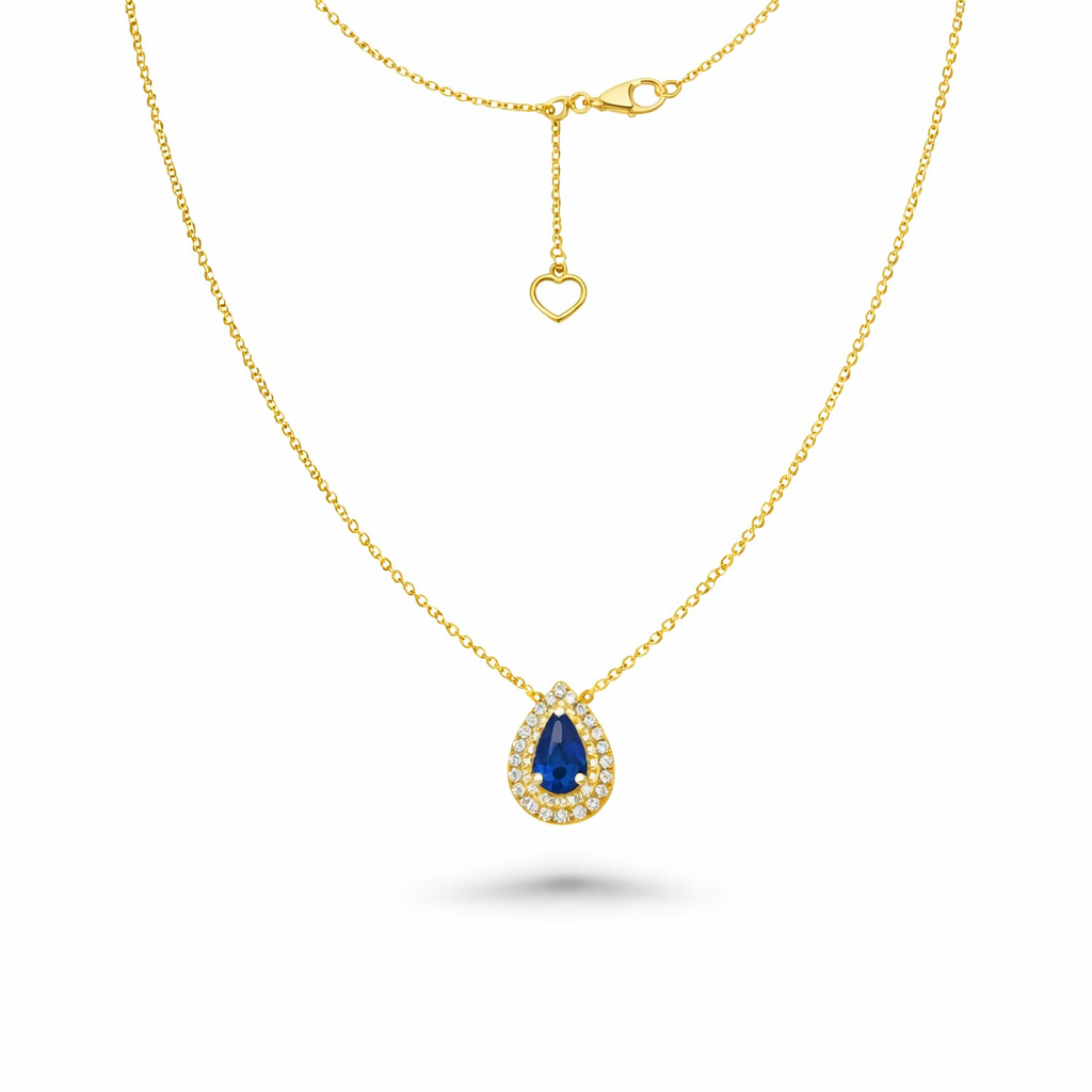 Pear Shape Blue Sapphire With Diamond Halo Necklace (0.73 ct.) in 18K Gold