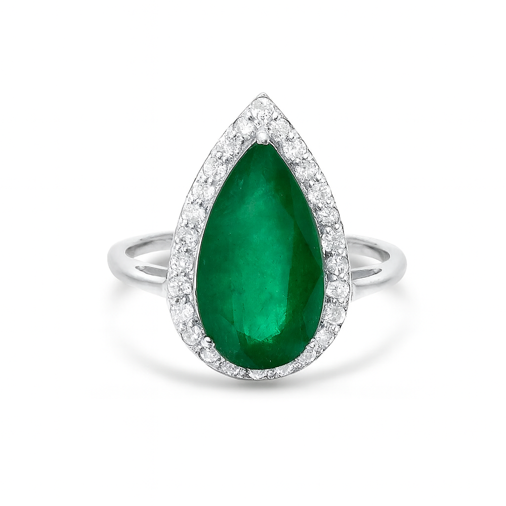 Pear Shape Emerald & Diamond Halo Engagement Ring (4.38 ct.) in 14K Gold