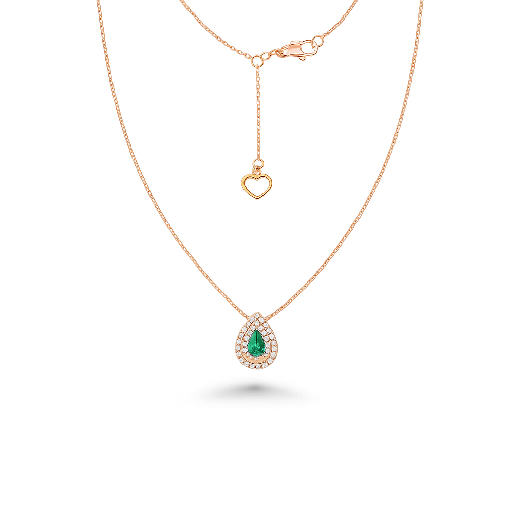 Pear Shape Emerald With Double Diamond Halo Necklace (0.63 ct.) in 18K Gold