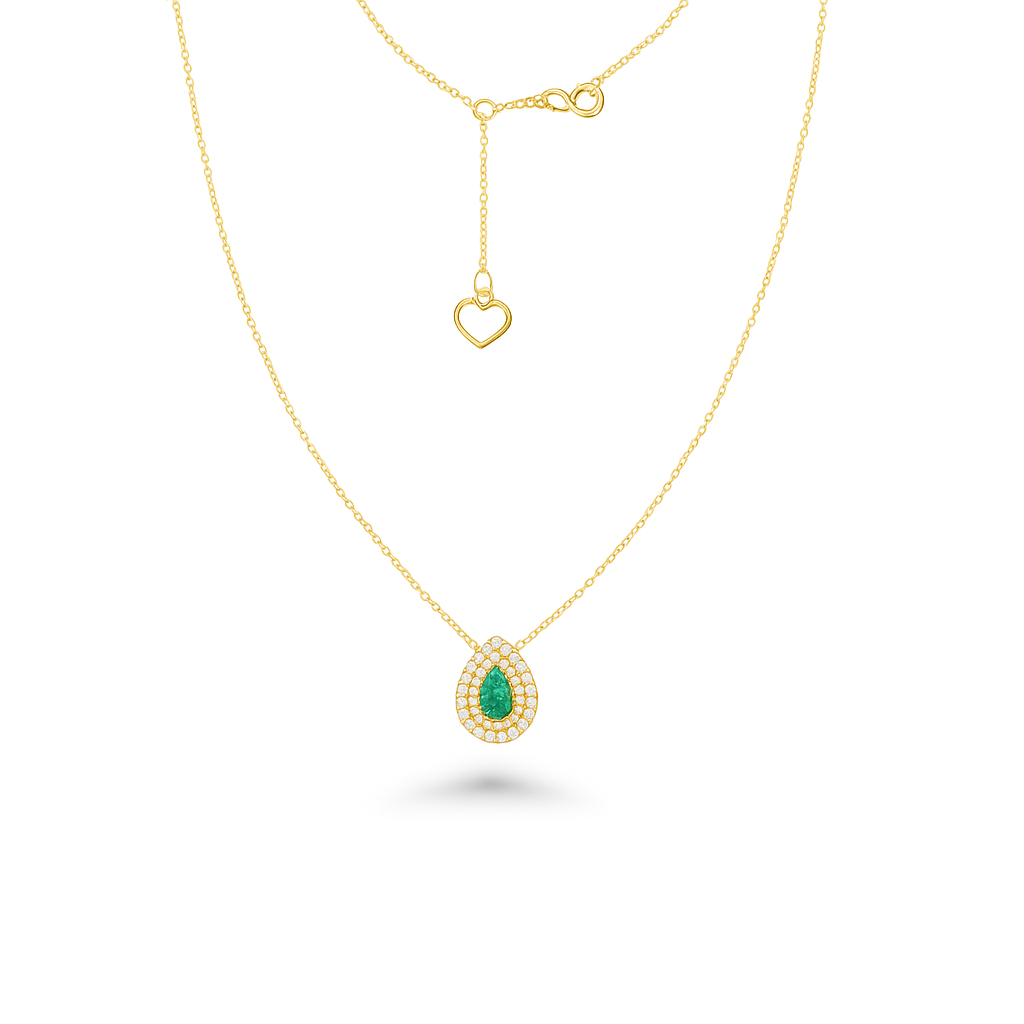 Pear Shape Emerald With Double Diamond Halo Necklace (0.63 ct.) in 18K Gold